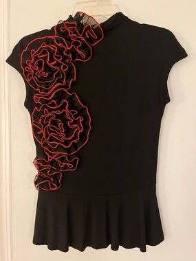 Gracia Black Top with Red Trim Rosette Accent